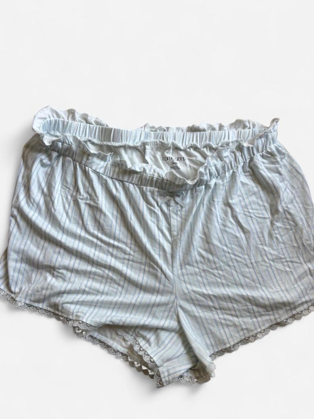Women's Light Blue Striped Lace-Trim Sleep Shorts